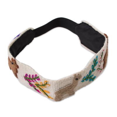 Wool headband, 'Llama Procession' - Llama Pattern Wool Headband in Alabaster from Peru
