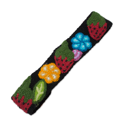 Stirnband aus Wolle - Haarreif aus Wolle mit Blumen- und Erdbeermuster aus Peru