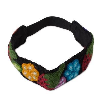 Stirnband aus Wolle - Haarreif aus Wolle mit Blumen- und Erdbeermuster aus Peru