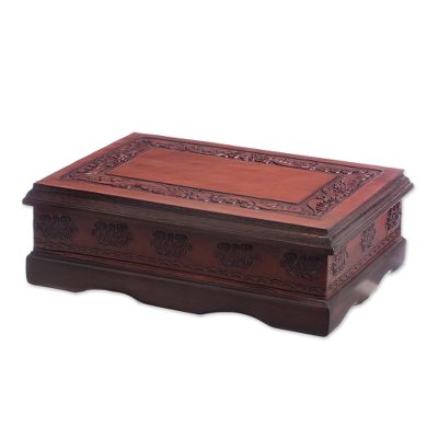 Leather and wood jewelry box, 'Colonial Delight' - Colonial Leather and Wood Jewelry Box from Peru