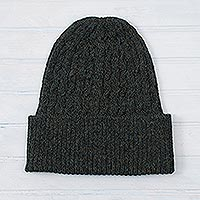 Cable-Knit 100% Alpaca Hat in Moss from Peru,'Moss Braid Cascade'