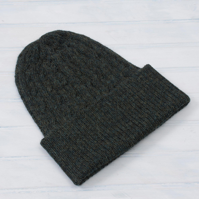 100% alpaca hat, 'Moss Braid Cascade' - Cable-Knit 100% Alpaca Hat in Moss from Peru