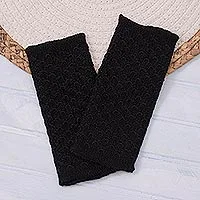 100% baby alpaca fingerless mitts, 'Passionate Pattern in Black' - Patterned 100% Baby Alpaca Fingerless Mitts in Black