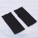 100% baby alpaca fingerless mitts, 'Passionate Pattern in Black' - Patterned 100% Baby Alpaca Fingerless Mitts in Black