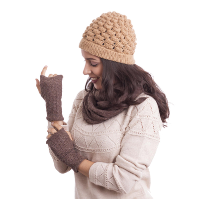 Patterned 100% Baby Alpaca Fingerless Mitts in Chestnut