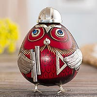 Sterling silver accented gourd figurine, 'Owl Architect' - Sterling Silver and Gourd Owl Architect Figurine in Red