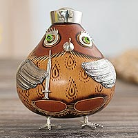 Sterling silver accented gourd figurine, 'Owl Nurse in Brown' - Sterling Silver and Gourd Owl Nurse Figurine in Brown