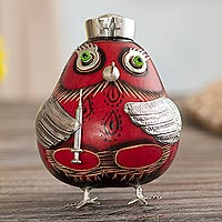 Sterling silver accented gourd figurine, 'Owl Nurse in Red' - Sterling Silver and Gourd Owl Nurse Figurine in Red