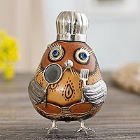 Sterling silver accented gourd figurine, 'Female Owl Chef in Brown' - Sterling Silver and Brown Gourd Female Owl Chef Figurine