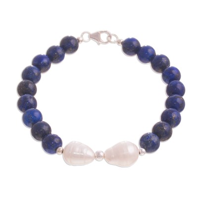 Lapis lazuli and cultured pearl beaded bracelet, 'Moon at Night' - Lapis Lazuli and Cultured Pearl Beaded Bracelet from Peru