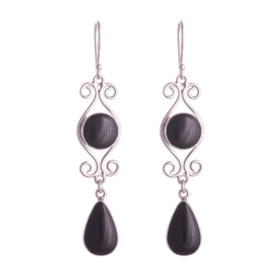 Obsidian dangle earrings, 'Vintage Drops' - Swirl Pattern Obsidian Dangle Earrings from Peru