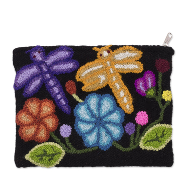Cartera de lana - Cartera de lana bordada con diseño de libélulas de Perú