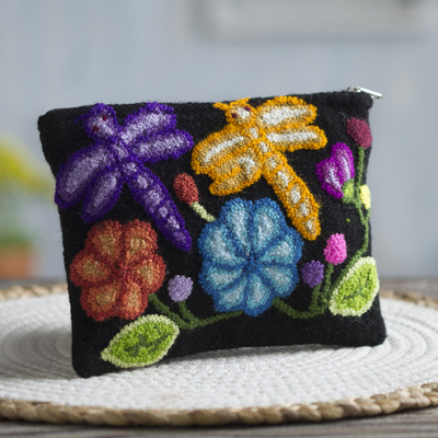 Wool clutch, 'Dragonflies in Nature' - Dragonfly Pattern Embroidered Wool Clutch from Peru