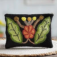 Wool clutch, 'Queen Flower' - Embroidered Floral Wool Clutch from Peru