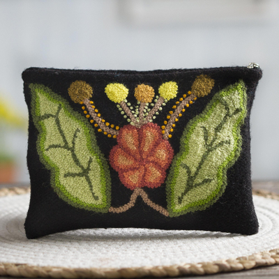 Wool clutch, 'Queen Flower' - Embroidered Floral Wool Clutch from Peru