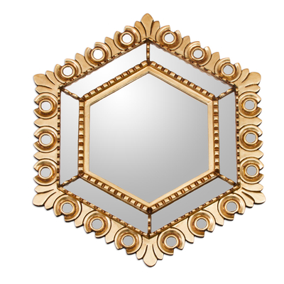 Wood wall mirror, 'Majestic Hex' - Hexagonal Bronze Leaf Wood Wall Mirror from Peru