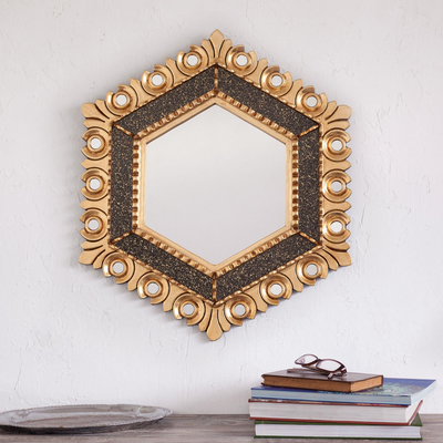 Wood wall mirror, 'Magnificent Hex' - Circle Motif Hexagonal Bronze Gilded Wood Wall Mirror