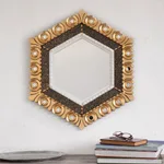 Wood wall mirror, 'Sublime Hex' - Peruvian Bronze Leaf Wood Wall Mirror in a Hexagon Shape