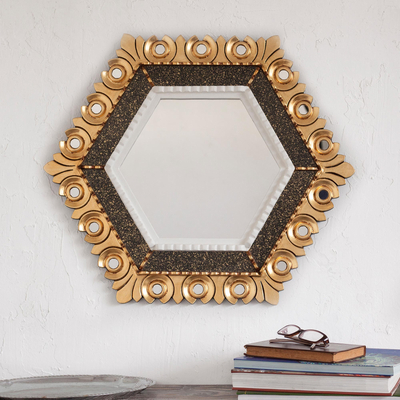 Wood wall mirror, 'Sublime Hex' - Peruvian Bronze Leaf Wood Wall Mirror in a Hexagon Shape