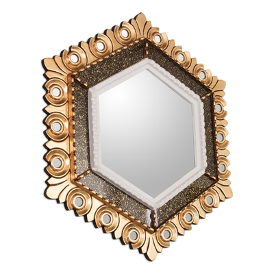 Espejo de pared de madera - Espejo de pared de madera de hoja de bronce peruano en forma de hexágono