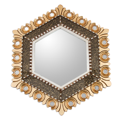 Wood wall mirror, 'Sophisticated Hex' - Hexagonal Bronze and Silver Gilded Wood Wall Mirror