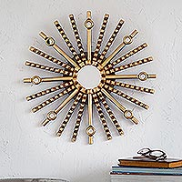 Wood wall accent mirror, 'Andean Sun' - Sun-Shaped Bronze Gilded Wood Wall Mirror Accent