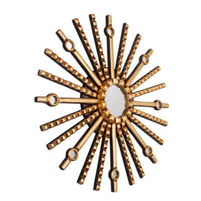 Wood wall accent mirror, 'Andean Sun' - Sun-Shaped Bronze Gilded Wood Wall Mirror Accent