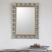 Silver and bronze gilded wood wall mirror, 'Colonial Fleur-de-Lis' - Gilded Wood Wall Mirror from Peru