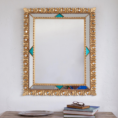 Espejo de pared de madera dorada en bronce - Espejo de pared rectangular de madera dorada de bronce de Perú