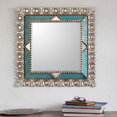 Silver gilded wood wall mirror, 'Colonial Trance' - Square Silver Gilded Wood Wall Mirror from Peru