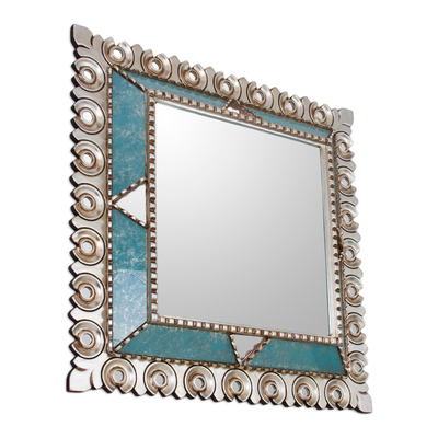 Silver gilded wood wall mirror, 'Colonial Trance' - Square Silver Gilded Wood Wall Mirror from Peru