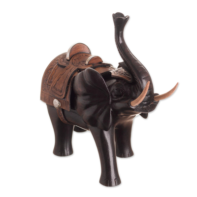 Wood and leather sculpture, 'Elephant Saddle' - Cedar Wood Elephant Sculpture with a Leather Saddle