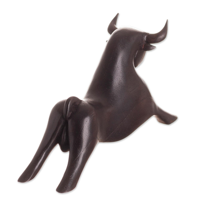Cedar wood sculpture, 'Stretching Bull' - Stylized Bull Cedar Wood Sculpture from Peru