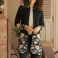 Floral Pattern Knit 100% Baby Alpaca Long Cardigan from Peru,'Midnight Floral'