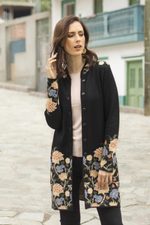 100% baby alpaca long cardigan, 'Midnight Floral' - Floral Pattern Knit 100% Baby Alpaca Long Cardigan from Peru