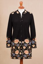 100% baby alpaca long cardigan, 'Midnight Floral' - Floral Pattern Knit 100% Baby Alpaca Long Cardigan from Peru