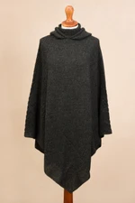 Alpaca blend hooded poncho, 'Adventurous Style in Slate' - Knit Alpaca Blend Hooded Poncho in Graphite from Peru
