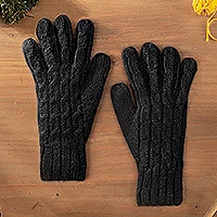 handschuhe aus 100 % Alpaka, „Winter Delight in Black“ – Strickhandschuhe aus 100 % Alpaka in Schwarz aus Peru