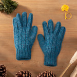 100% alpaca gloves, 'Winter Delight in Light Azure' - 100% Alpaca Knit Gloves in Light Azure from Peru