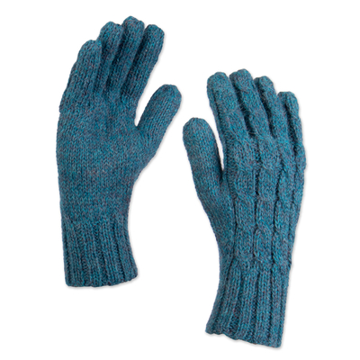 100% Alpaca Knit Gloves in Light Azure from Peru