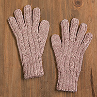 100% alpaca gloves, 'Winter Delight in Light Mauve' - Cable Knit 100% Alpaca Gloves in Light Mauve from Peru
