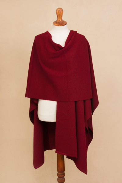 Alpaca blend ruana, 'Elegant Fashion in Claret' - Knit Alpaca Blend Ruana in Claret from Peru