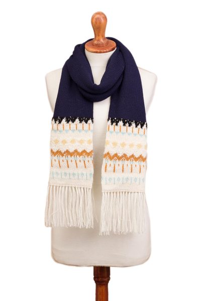 100% alpaca scarf, 'Midnight Comfort' - Midnight and Antique White 100% Alpaca Wrap Scarf from Peru
