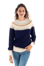 100% alpaca pullover, 'Apres-ski' - Midnight and Antique White 100% Alpaca Pullover from Peru