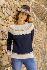 100% alpaca pullover, 'Apres-ski' - Midnight and Antique White 100% Alpaca Pullover from Peru