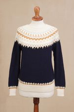 100% alpaca pullover, 'Apres-ski' - Midnight and Antique White 100% Alpaca Pullover from Peru