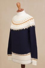 100% alpaca pullover, 'Apres-ski' - Midnight and Antique White 100% Alpaca Pullover from Peru