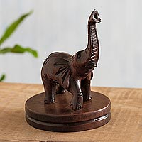 Cedar wood sculpture, 'Nature Sounds' - Cedar Wood Sculpture of a Trumpeting Elephant from Peru