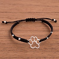 Sterling silver pendant bracelet, 'Doggy Print in Black' - Sterling Silver Paw Print Pendant Bracelet in Black