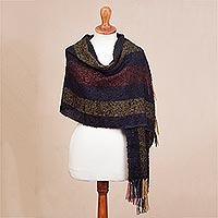 Alpaca blend shawl, 'Divine Shadow' - Alpaca Blend Fringed Shawl with Dark Stripes from Peru